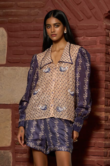 Buy_Saangi_Mauve Organza, Satin Embroidery Collared Bird Motif Shorts Co-ord Set _Online_at_Aza_Fashions