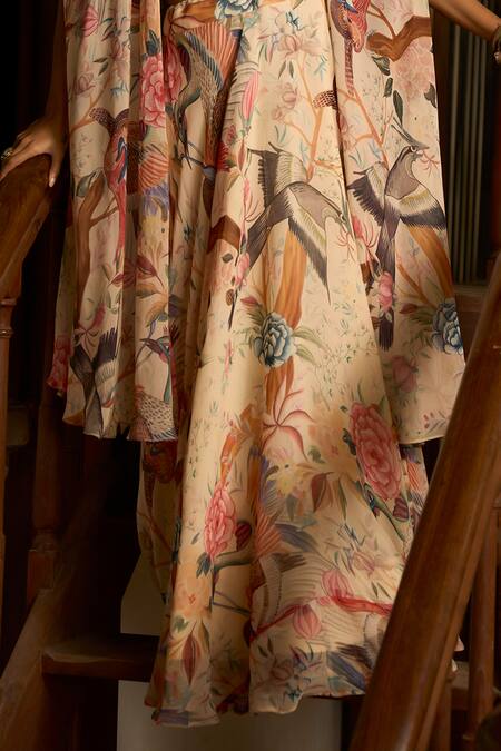 Saangi_Beige Viscose Chinon Chiffon Beads, Dior Symphony Flowing Shrug Skirt Set _Online_at_Aza_Fashions