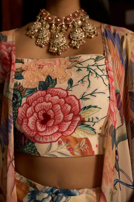 Buy_Saangi_Beige Viscose Chinon Chiffon Beads, Dior Symphony Flowing Shrug Skirt Set _Online_at_Aza_Fashions