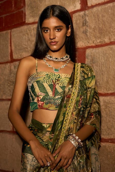 Buy_Saangi_Green Organza, Satin Sequins, Jungle Print Ruffle Pre-draped Saree With Blouse _Online_at_Aza_Fashions
