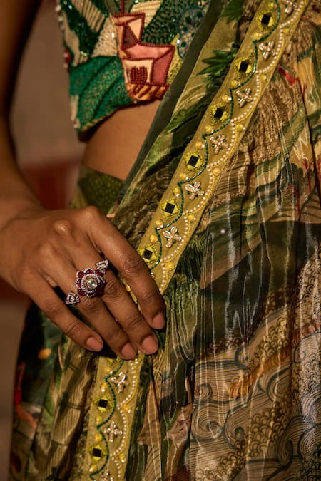 Shop_Saangi_Green Organza, Satin Sequins, Jungle Print Ruffle Pre-draped Saree With Blouse _Online_at_Aza_Fashions