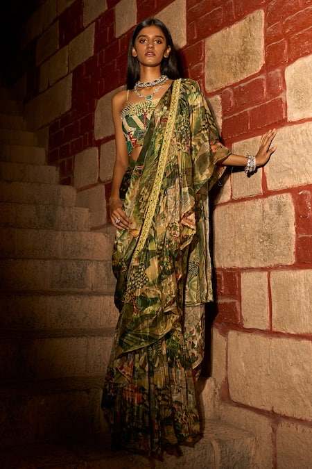 Saangi_Green Organza, Satin Sequins, Jungle Print Ruffle Pre-draped Saree With Blouse _at_Aza_Fashions
