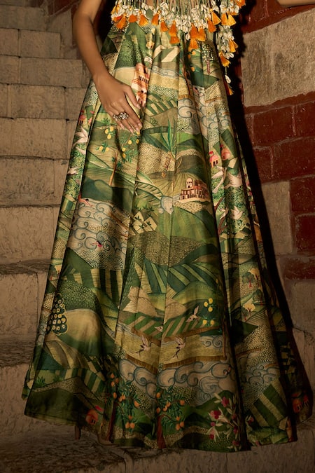 Buy_Saangi_Green Satin, Chinon Tassels, Embroidery, Beads Jungle Print Cape Skirt Set _Online_at_Aza_Fashions