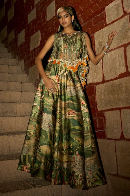 Saangi Jungle Print Tasselled Cape Skirt Set 