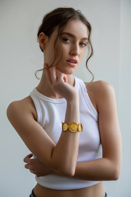 Mnsh_Gold Plated Mor Shakti Coin Cuff _Online_at_Aza_Fashions