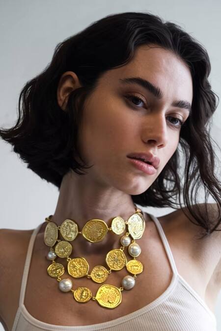 Mnsh_Gold Plated Shakti Stardust Coin Choker _at_Aza_Fashions