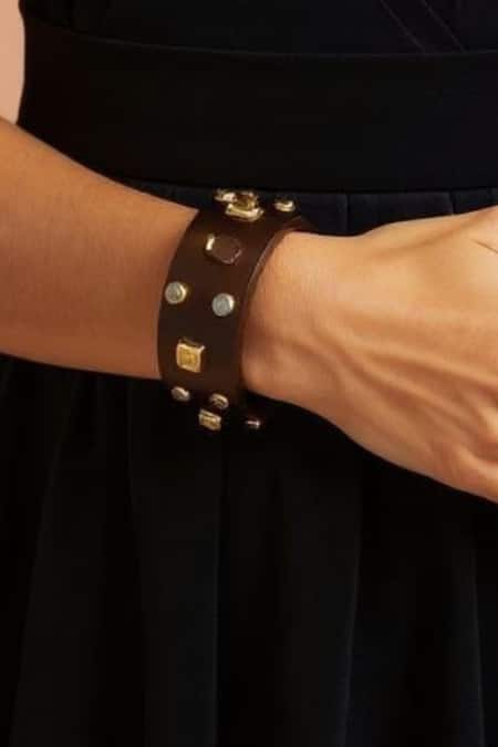 Mnsh_Brown Imitation Gemstones Wooden Bangle _Online_at_Aza_Fashions