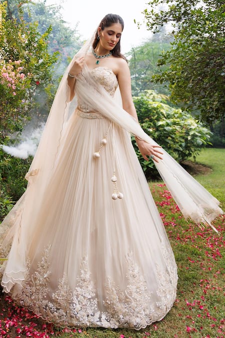 Meenagurnam 3D Flower Embroidered Corset Lehenga Set 