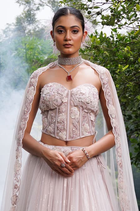 Meenagurnam_Purple Net Sequins, Embroidery, Fabric Flowers, 3d And Embellished Lehenga Set _Online_at_Aza_Fashions