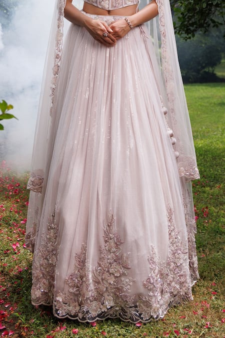 Buy_Meenagurnam_Purple Net Sequins, Embroidery, Fabric Flowers, 3d And Embellished Lehenga Set _Online_at_Aza_Fashions