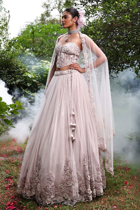 Shop_Meenagurnam_Purple Net Sequins, Embroidery, Fabric Flowers, 3d And Embellished Lehenga Set _Online_at_Aza_Fashions