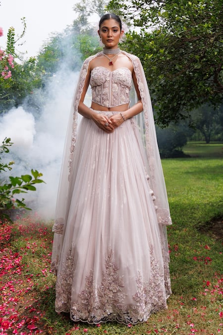 Meenagurnam 3D Flower & Net Embellished Lehenga Set 