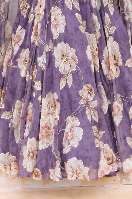Buy_Meenagurnam_Purple Organza Sequins, Mirrors, Stones Floral Print Cutdana And Lehenga Set _Online_at_Aza_Fashions