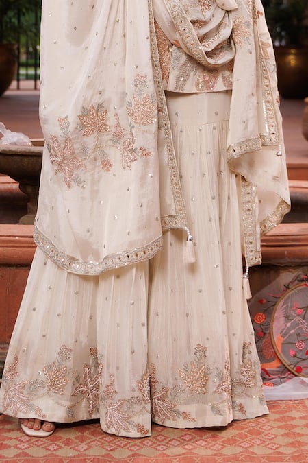 Buy_Meenagurnam_Gold Chinon Sequins, Flower Jall Embellished Peplum Kurta And Sharara Set _Online_at_Aza_Fashions