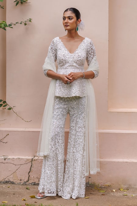 Meenagurnam Embellished Peplum Kurta Sharara Set 