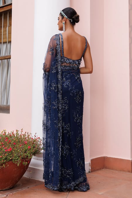 Meenagurnam Floral Cutdana & Sequin Net Saree & Blouse Set 