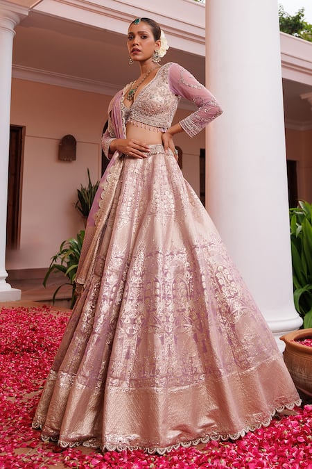Meenagurnam_Lilac Tissue, Net Mirrors, Sequins, Embroidery, And Hand Embellished Lehenga Set _Online_at_Aza_Fashions
