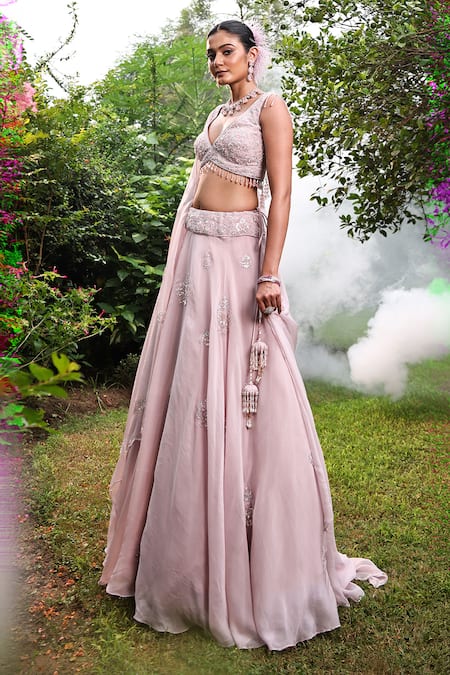 Meenagurnam_Purple Organza Sequins, Stones, Embroidery, Beads V-neck, Swaski And Lehenga Set _Online_at_Aza_Fashions