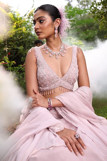 Buy_Meenagurnam_Purple Organza Sequins, Stones, Embroidery, Beads V-neck, Swaski And Lehenga Set _Online_at_Aza_Fashions