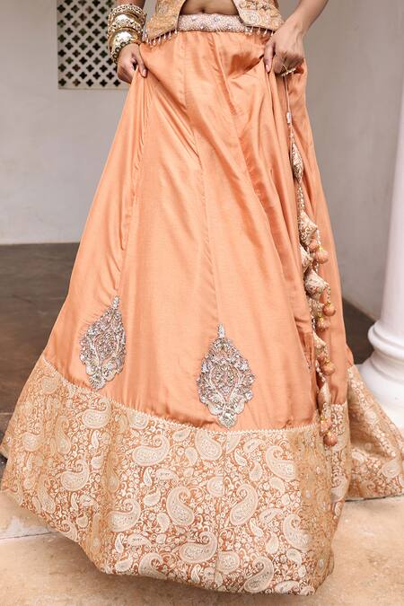 Buy_Meenagurnam_Rust Jacquard Sequins, Stones, Embroidery Jaal And Sparkle Embellished Lehenga Set _Online_at_Aza_Fashions