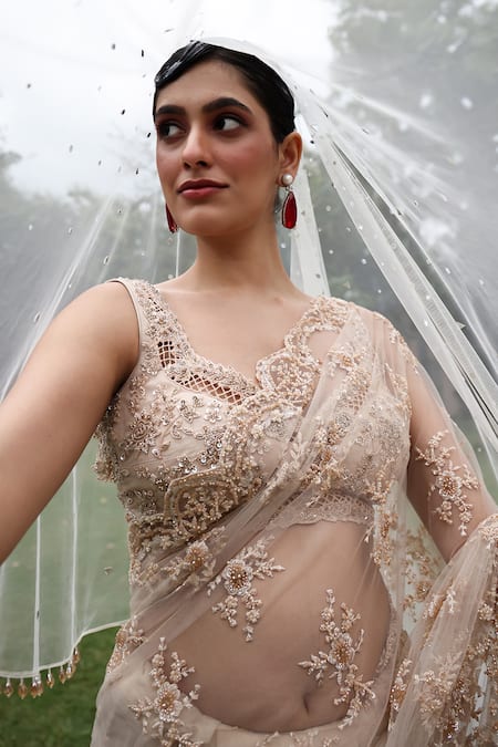 Meenagurnam_Gold Net Sequins, Beads, Floral And Hand Embellished Saree With Blouse _Online_at_Aza_Fashions