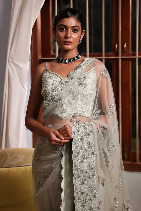 Meenagurnam_Green Net Sequins, Beads, Embroidery Floral Embellished Saree With Blouse _Online_at_Aza_Fashions