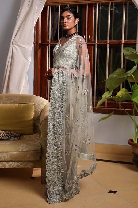 Buy_Meenagurnam_Green Net Sequins, Beads, Embroidery Floral Embellished Saree With Blouse _Online_at_Aza_Fashions