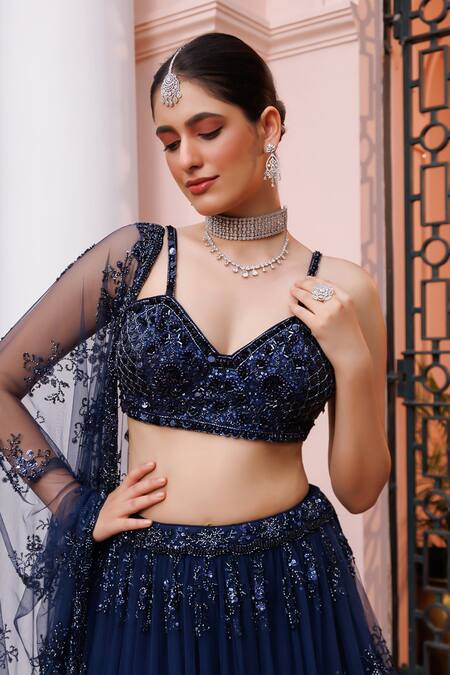 Buy_Meenagurnam_Navy Net Sequins, Beads, Embroidery Flower Motif And Beaded Lehenga Set _Online_at_Aza_Fashions