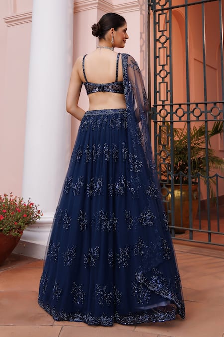 Meenagurnam Flower Motif Sequined & Beaded Lehenga Set 