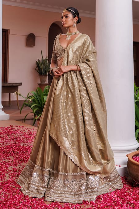 Buy_Meenagurnam_Green Tissue Sequins, Mirrors, Stones, Beads, Cutdana And Work Lehenga Set _Online_at_Aza_Fashions