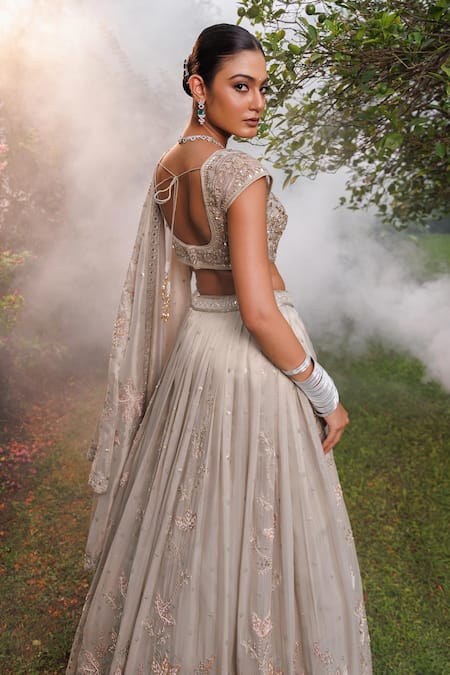 Meenagurnam_Beige Net Sequins, Mirrors, Embroidery, Floral Cutdana Resham Lehenga Set _Online_at_Aza_Fashions