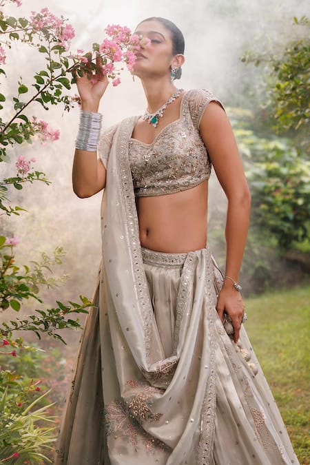 Buy_Meenagurnam_Beige Net Sequins, Mirrors, Embroidery, Floral Cutdana Resham Lehenga Set _Online_at_Aza_Fashions