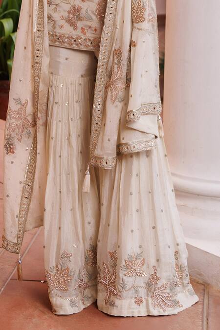 Buy_Meenagurnam_Gold Chinon Sequins, Beads, Metallic Floral Hand Embellished Kurta Sharara Set _Online_at_Aza_Fashions