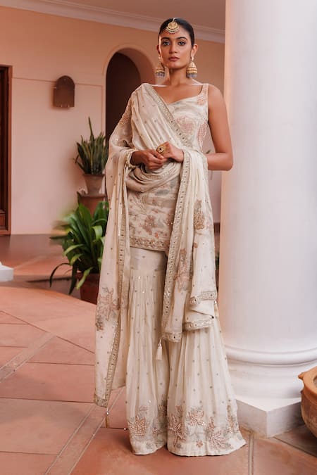 Meenagurnam Floral Hand Embellished Kurta Sharara Set 