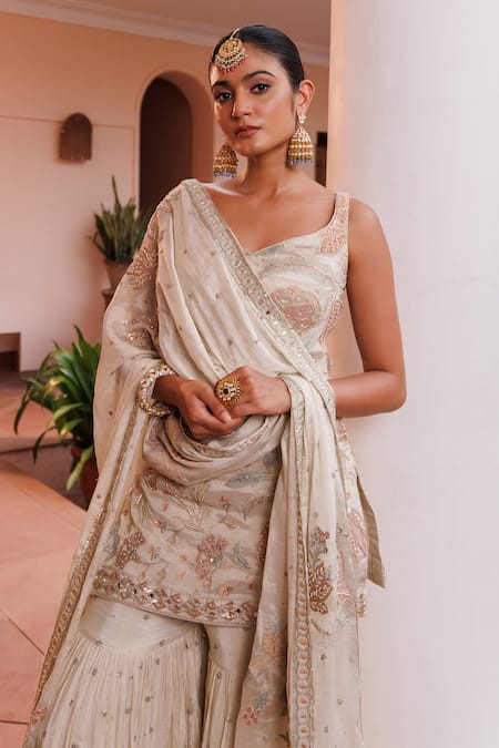 Shop_Meenagurnam_Gold Chinon Sequins, Beads, Metallic Floral Hand Embellished Kurta Sharara Set _Online_at_Aza_Fashions