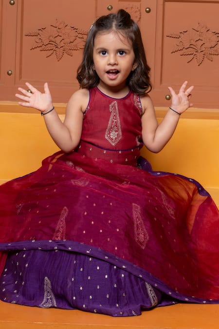 Kirti Agarwal - Pret N Couture_Maroon Chanderi Silk, Organza Tassels, Ethnic Motif Blouse Lehenga Set _Online_at_Aza_Fashions