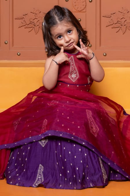 Buy_Kirti Agarwal - Pret N Couture_Maroon Chanderi Silk, Organza Tassels, Ethnic Motif Blouse Lehenga Set _Online_at_Aza_Fashions