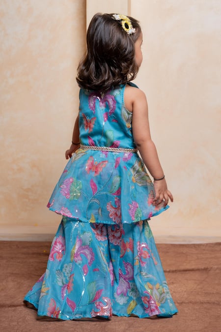 Shop Kirti Agarwal - Pret N Couture Blue Organza Sequins, Beads Floral And Butterfly Print Peplum Kurta & Sharara Set at Aza Fashions Shop_Kirti Agarwal - Pret N Couture_Blue Organza Sequins, Beads Floral And Butterfly Print Peplum Kurta & Sharara Set _at_Aza_Fashions