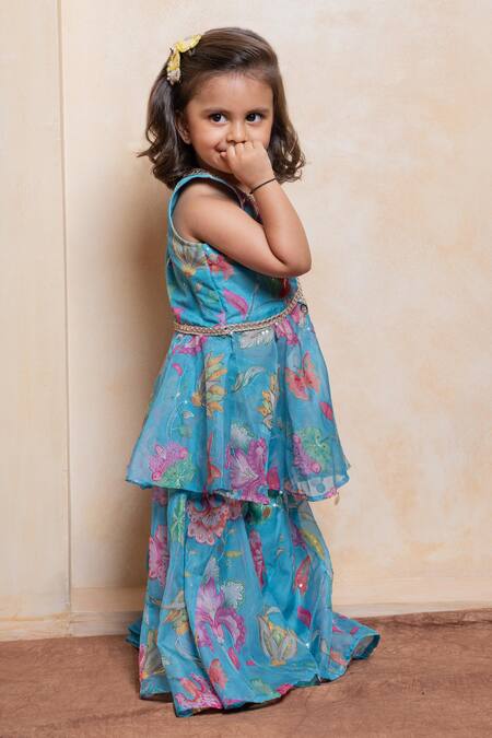 Kirti Agarwal - Pret N Couture Blue Organza Sequins, Beads Floral And Butterfly Print Peplum Kurta & Sharara Set Online at Aza Fashions Kirti Agarwal - Pret N Couture_Blue Organza Sequins, Beads Floral And Butterfly Print Peplum Kurta & Sharara Set _Online_at_Aza_Fashions