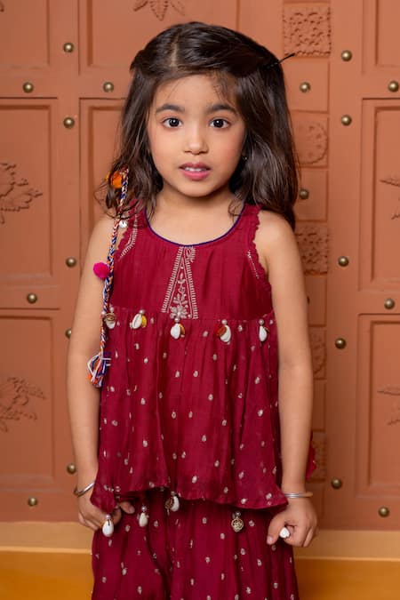 Kirti Agarwal - Pret N Couture_Maroon Chanderi Silk Foil Printing, Embroidery Buti Peplum Kurta And Sharara Set _Online_at_Aza_Fashions