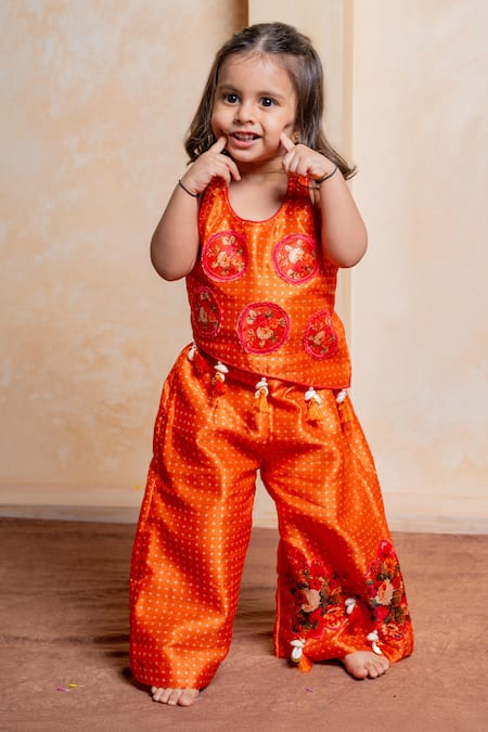 Kirti Agarwal - Pret N Couture Polka Weave Floral Applique Top & Palazzo Set 