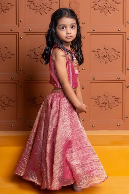 Kirti Agarwal - Pret N Couture Maroon Tissue, Silk Embroidery, Tassels, Zari Hand Floral Blouse And Lehenga Set Online at Aza Fashions Kirti Agarwal - Pret N Couture_Maroon Tissue, Silk Embroidery, Tassels, Zari Hand Floral Blouse And Lehenga Set _Online_at_Aza_Fashions