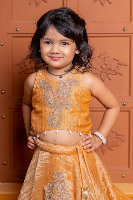 Kirti Agarwal - Pret N Couture Brown Tissue, Silk Embroidery, Pearls, Tassels Hand Blouse With Lehenga Online at Aza Fashions Kirti Agarwal - Pret N Couture_Brown Tissue, Silk Embroidery, Pearls, Tassels Hand Blouse With Lehenga _Online_at_Aza_Fashions