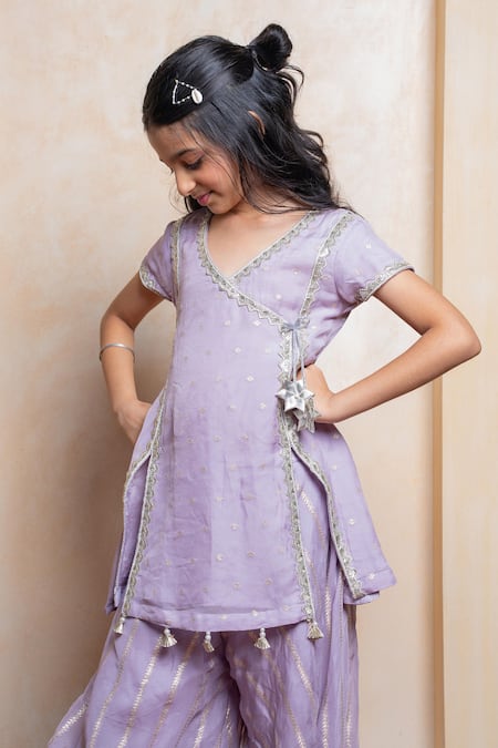 Kirti Agarwal - Pret N Couture_Lavender Viscose, Organza, Satin, Shantoon Polka Motif Kurta And Sharara Set _Online_at_Aza_Fashions
