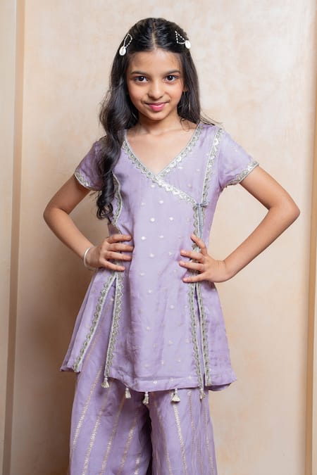 Buy_Kirti Agarwal - Pret N Couture_Lavender Viscose, Organza, Satin, Shantoon Polka Motif Kurta And Sharara Set _Online_at_Aza_Fashions