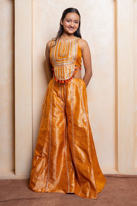 Kirti Agarwal - Pret N Couture Yellow Brocade, Silk Mirrors, Sequins, Embroidery, Work Crop Top And Palazzo Set Online at Aza Fashions Kirti Agarwal - Pret N Couture_Yellow Brocade, Silk Mirrors, Sequins, Embroidery, Work Crop Top And Palazzo Set _Online_at_Aza_Fashions