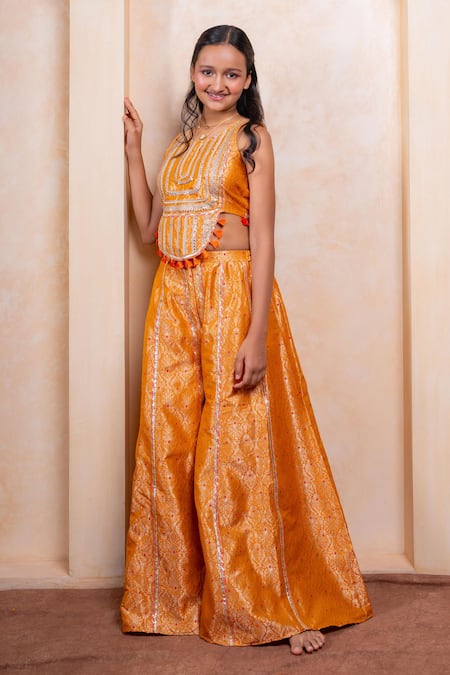 Buy Kirti Agarwal - Pret N Couture Yellow Brocade, Silk Mirrors, Sequins, Embroidery, Work Crop Top And Palazzo Set Online at Aza Fashions Buy_Kirti Agarwal - Pret N Couture_Yellow Brocade, Silk Mirrors, Sequins, Embroidery, Work Crop Top And Palazzo Set _Online_at_Aza_Fashions