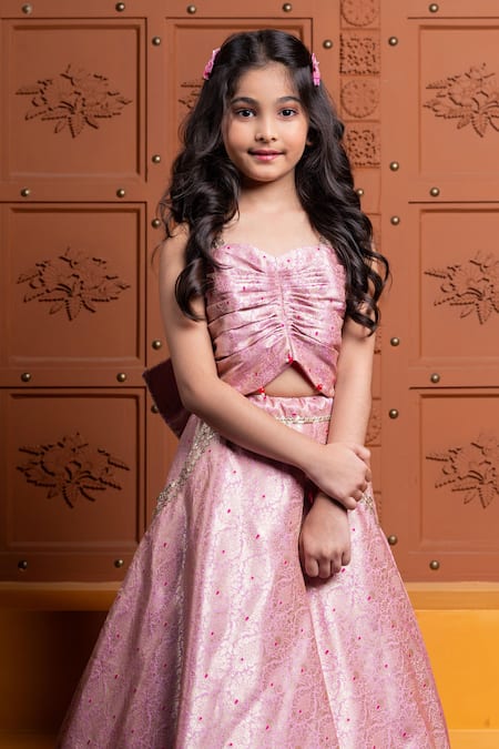 Kirti Agarwal - Pret N Couture Pink Brocade Embroidery Ruched Crop Top And Lehenga Set Online at Aza Fashions Kirti Agarwal - Pret N Couture_Pink Brocade Embroidery Ruched Crop Top And Lehenga Set _Online_at_Aza_Fashions