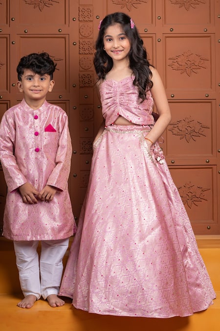 Kirti Agarwal - Pret N Couture Pink Brocade Embroidery Ruched Crop Top And Lehenga Set at Aza Fashions Kirti Agarwal - Pret N Couture_Pink Brocade Embroidery Ruched Crop Top And Lehenga Set _at_Aza_Fashions