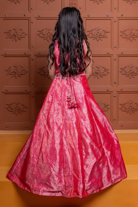 Shop Kirti Agarwal - Pret N Couture Pink Brocade, Jacquard Embroidery, Zari Motif Blouse And Lehenga Set at Aza Fashions Shop_Kirti Agarwal - Pret N Couture_Pink Brocade, Jacquard Embroidery, Zari Motif Blouse And Lehenga Set _at_Aza_Fashions